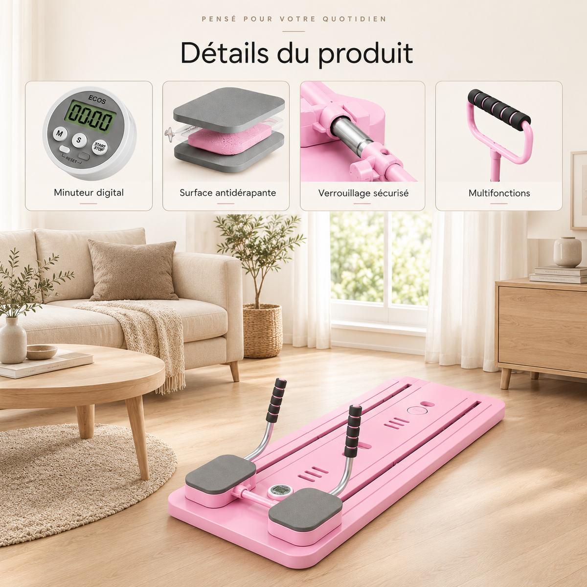Détails de la planche de Pilates Sélène rose avec minuteur digital, surface antidérapante, verrouillage sécurisé et poignées