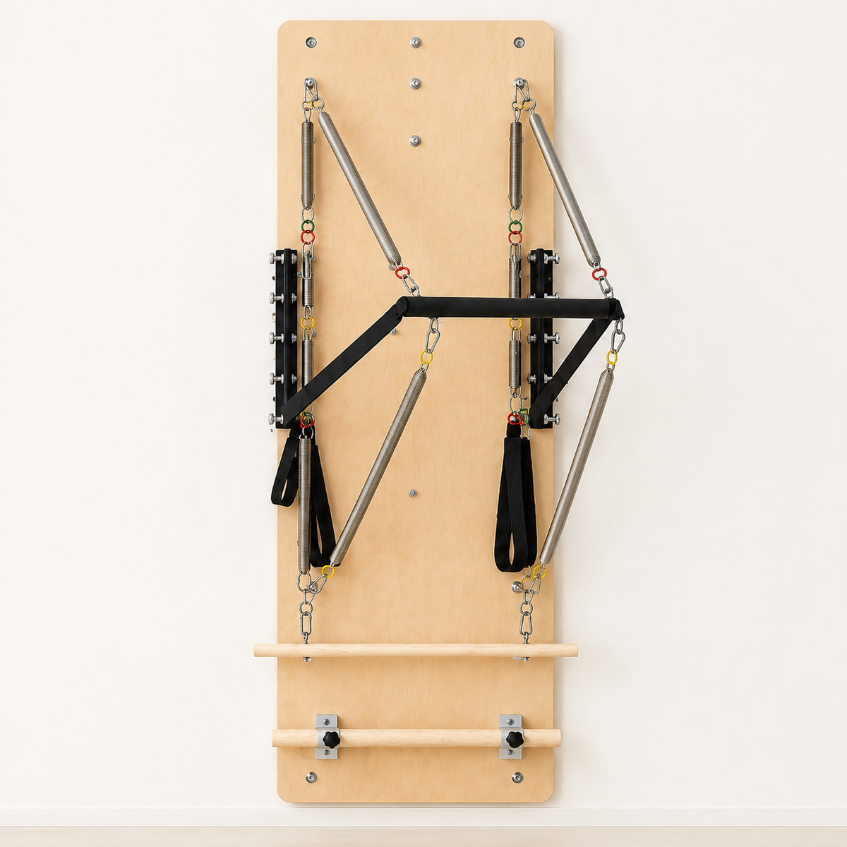 Springboard Pilates mural Elara en érable avec ressorts, sangles et barres d'exercice