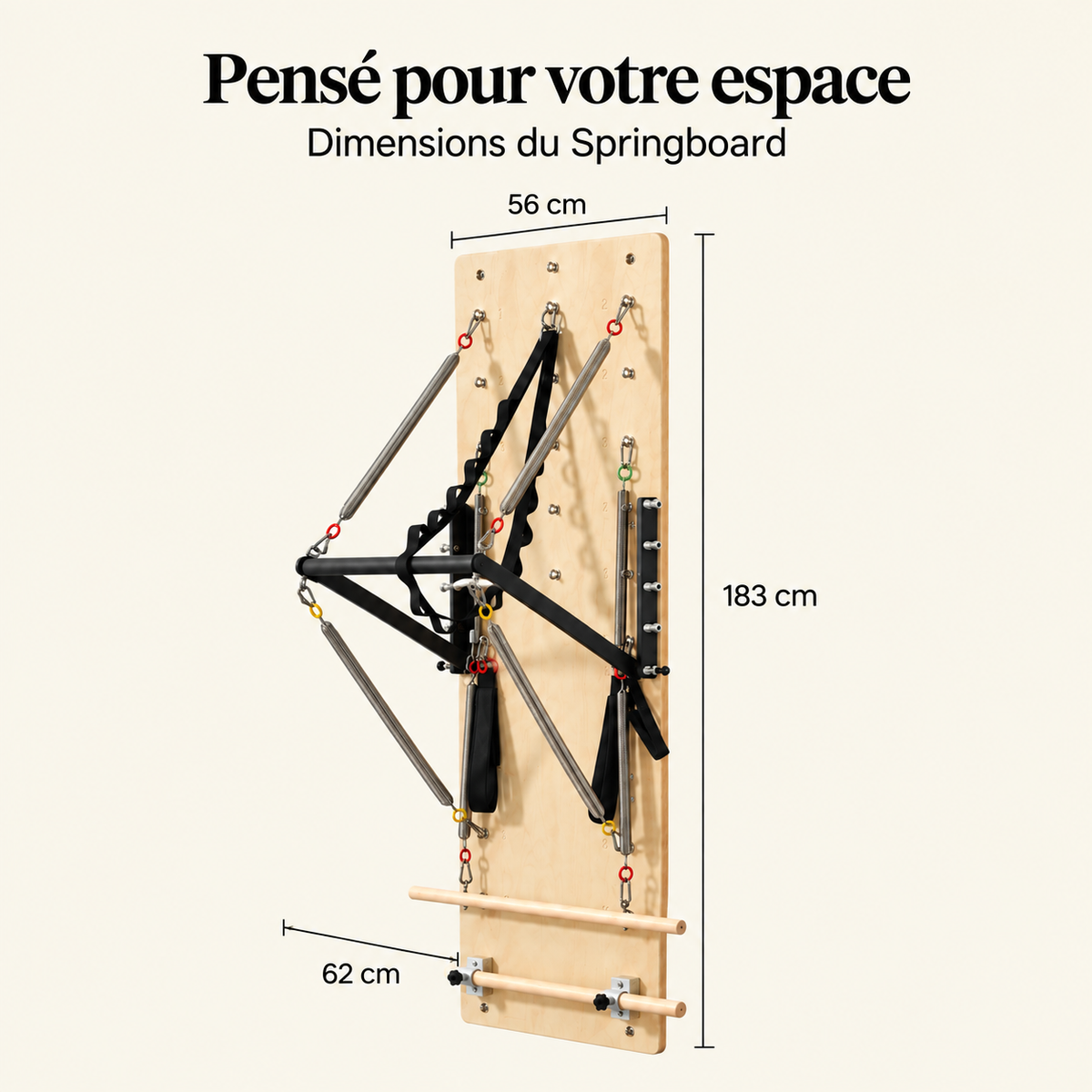 Springboard Pilates mural en érable Elara avec dimensions 183 cm de hauteur, 56 cm de largeur et barre de 62 cm