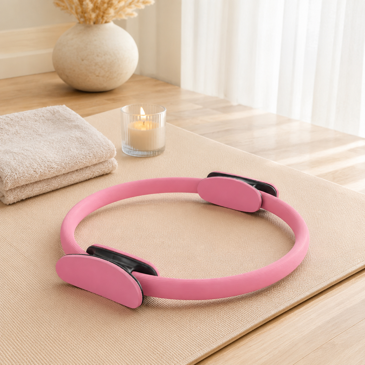 Anneau de Pilates Auréa rose 36 cm posé sur un tapis de Pilates dans un intérieur lumineux