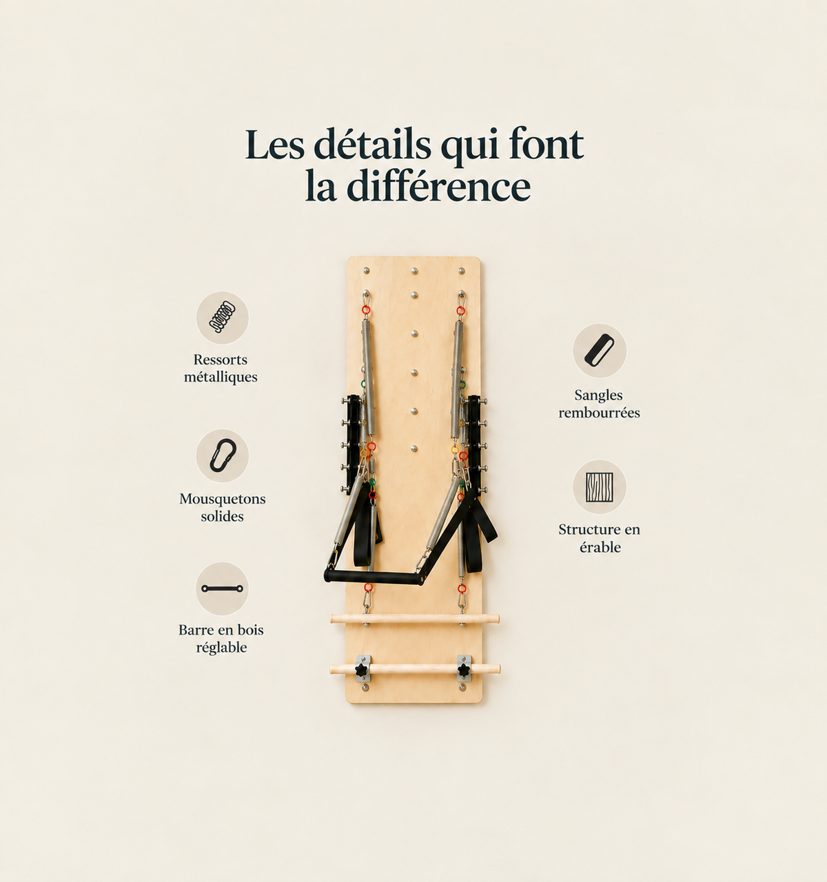 Springboard Pilates mural Elara en érable – ressorts métalliques, mousquetons solides, barre réglable et sangles rembourrées