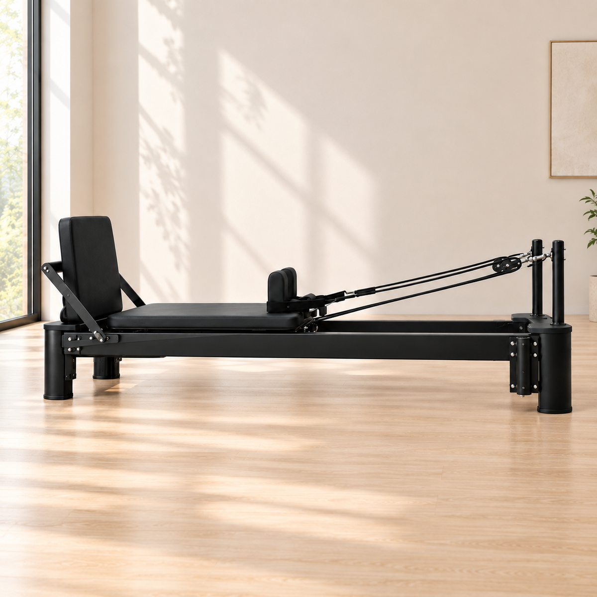 Pilates Reformer en aluminium noir Astra – vue de profil dans un intérieur lumineux