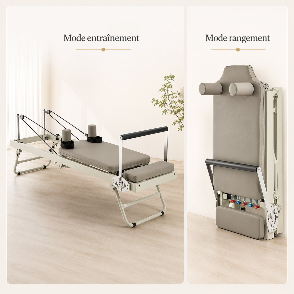 Pilates Reformer pliable en acier Néa en mode entraînement et en mode rangement vertical