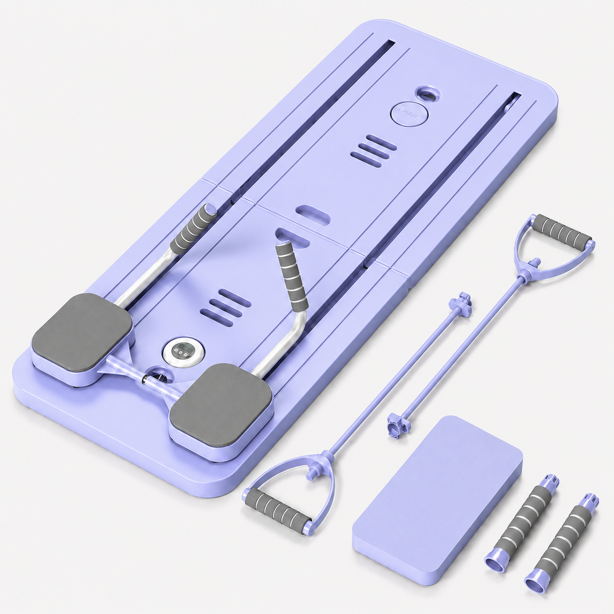 Planche de Pilates pliable Sélène violette avec poignées de résistance, coussin et accessoires
