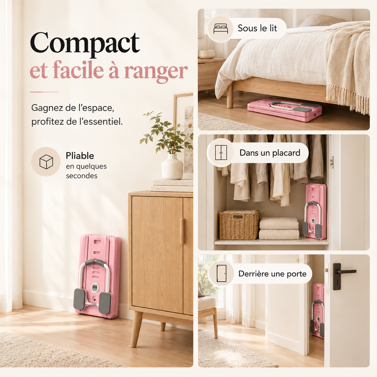 Planche de Pilates pliable Sélène rose rangée sous un lit, dans un placard et derrière une porte