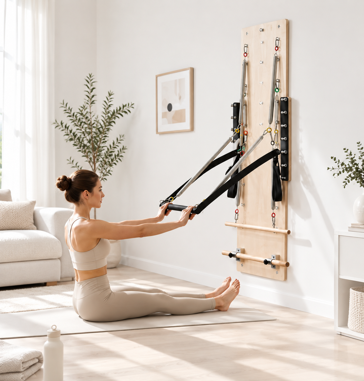 Femme utilisant le Springboard Pilates mural en érable Elara avec sangles de résistance à domicile