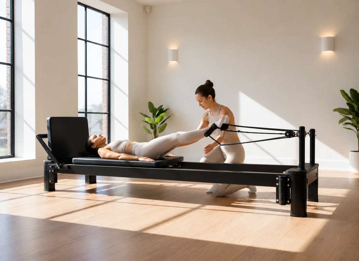 Séance de Pilates sur Reformer Astra en aluminium noir avec une coach dans un studio lumineux