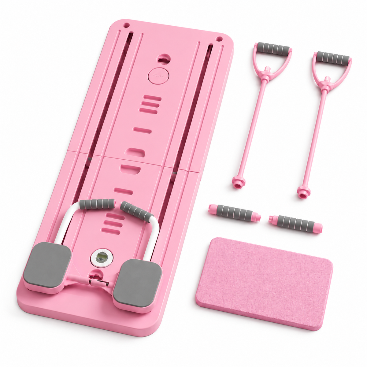 Planche de Pilates pliable Sélène rose avec poignées de résistance, coussin et accessoires sur un fond blanc