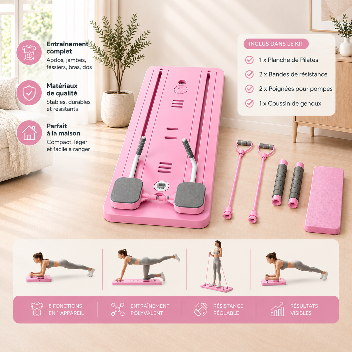 Planche Pilates Sélène rose avec bandes de résistance, poignées pour pompes et coussin de genoux, présentée avec des exercices
