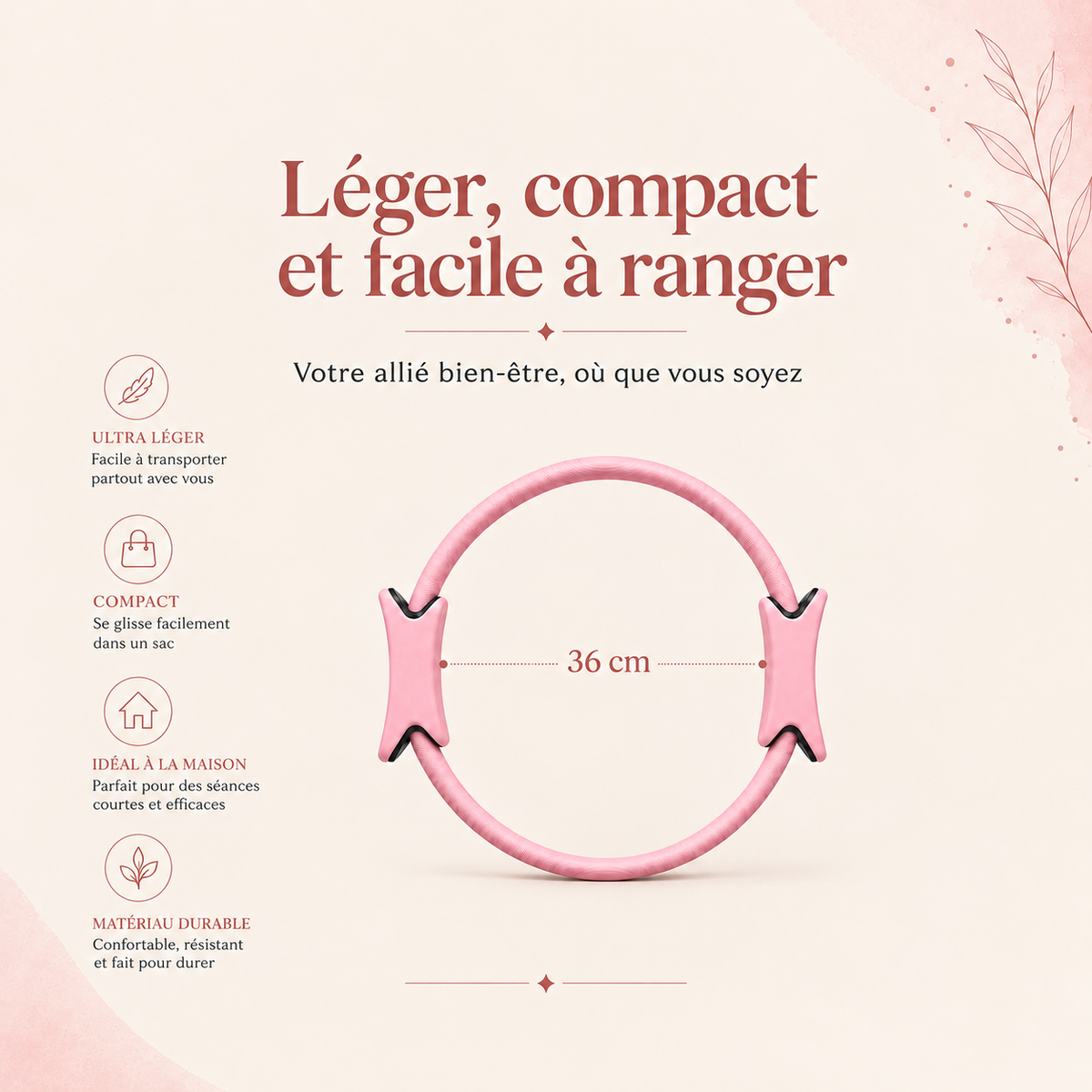 Anneau Pilates Auréa rose de 36 cm présenté verticalement, avec indications de diamètre et de caractéristiques : léger, compact, adapté à la maison et fabriqué dans un matériau durable.