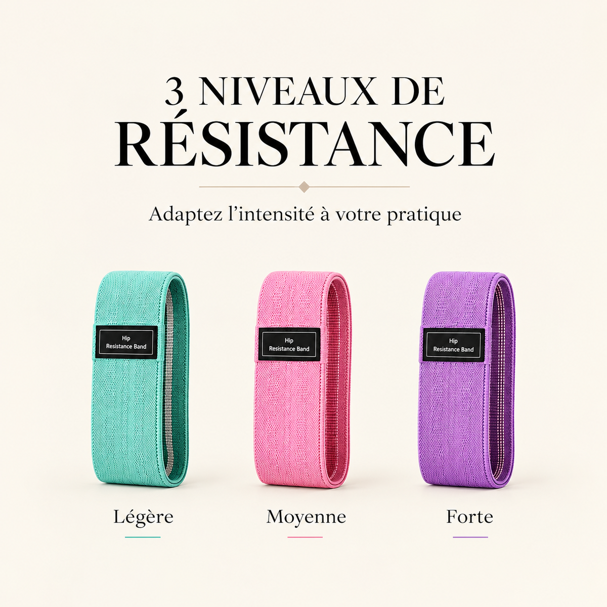 Bandes de résistance Vela en trois niveaux d’intensité : légère, moyenne et forte