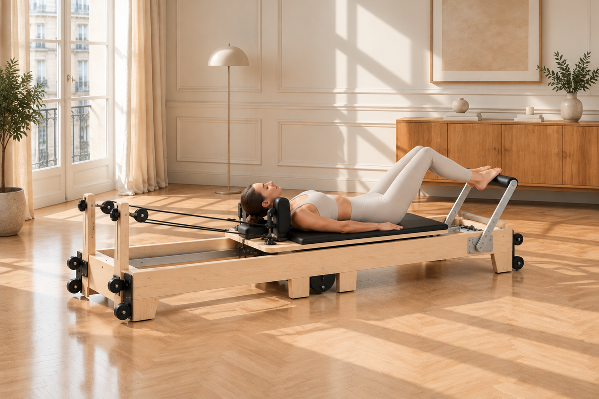Femme en position d'exercice allongée sur le Pilates Reformer en bois Épure noir dans un salon lumineux