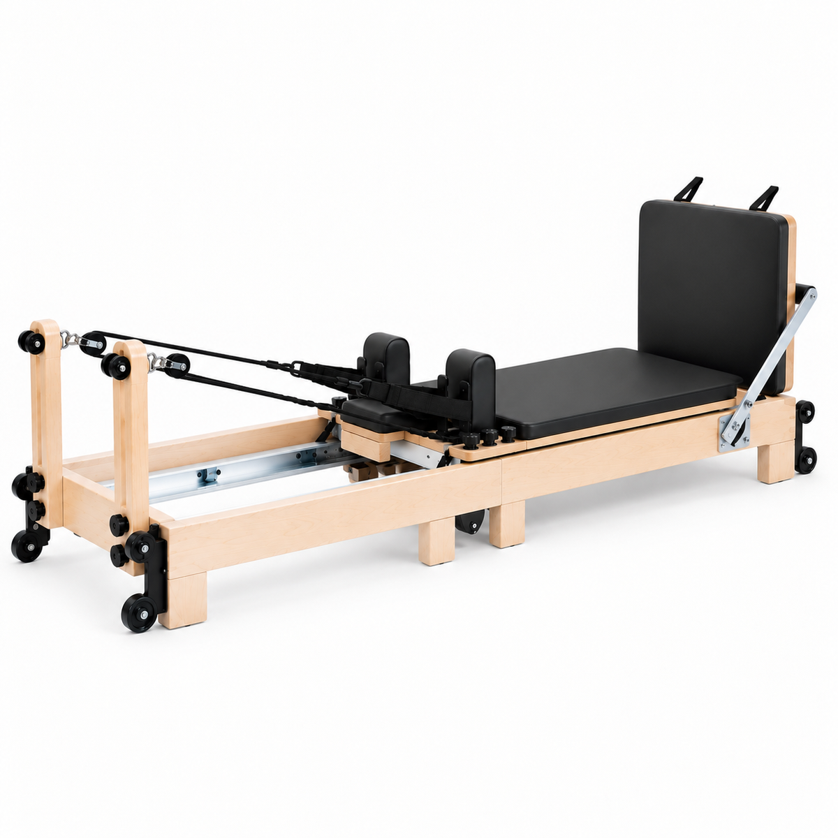 Pilates Reformer en bois Épure noir sur fond blanc