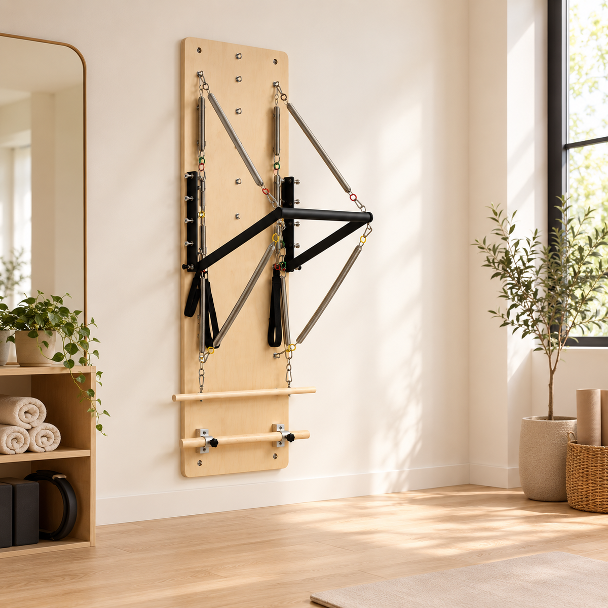 Springboard Pilates mural en érable Elara avec ressorts et sangles dans un intérieur lumineux
