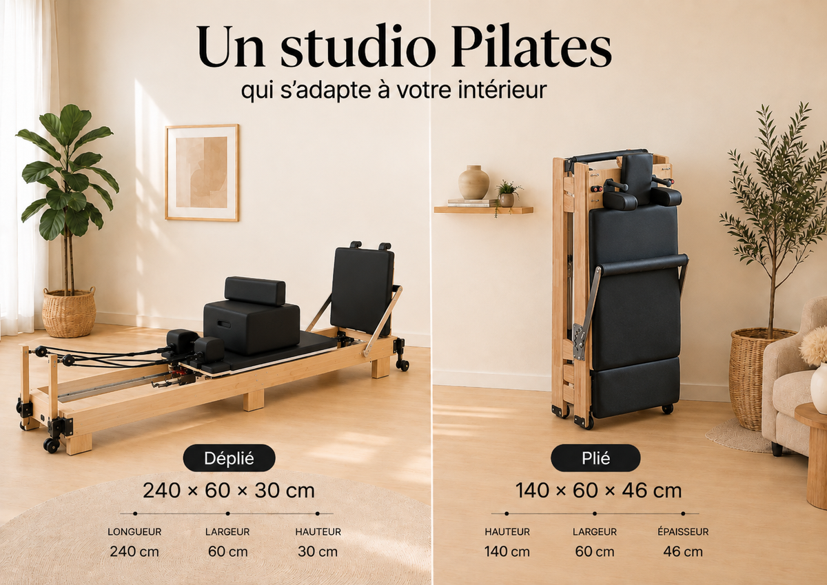 Pilates Reformer en bois Épure déplié et plié avec dimensions 240 × 60 × 30 cm et 140 × 60 × 46 cm