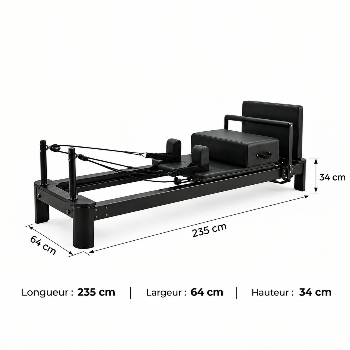 Pilates Reformer Astra en aluminium noir – dimensions 235 × 64 × 34 cm