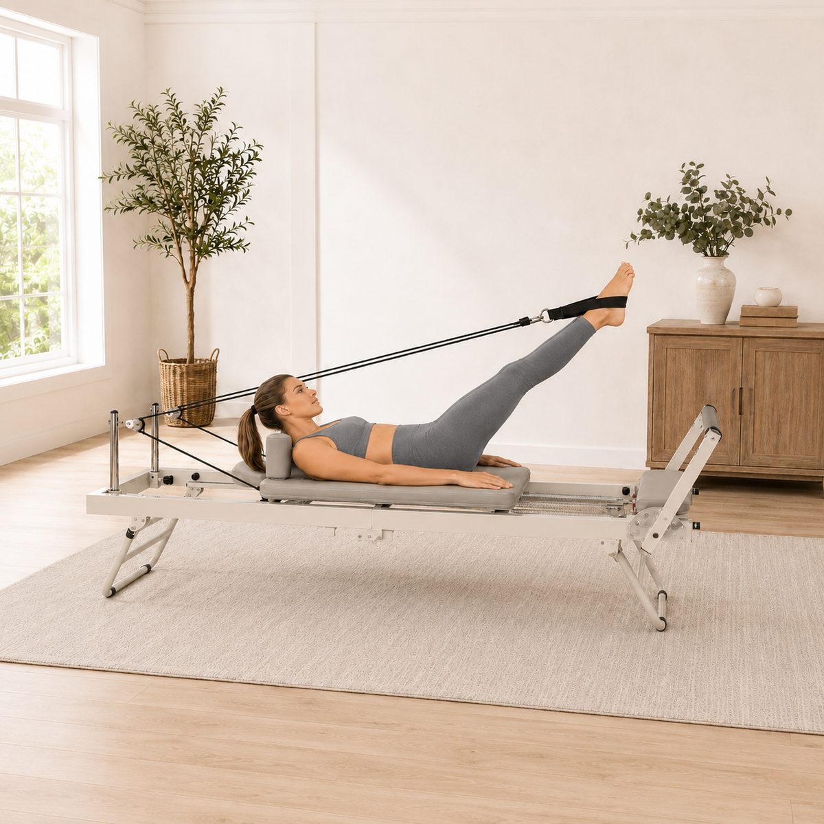Femme utilisant les sangles du Pilates Reformer pliable en acier Néa pour un exercice des jambes à domicile
